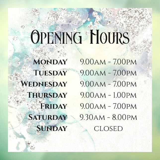 Teal Watercolor Glitter Opening Hours Window Cling (Sheet 3)