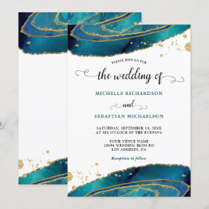 Teal Watercolor Gold Agate Wedding Invitation