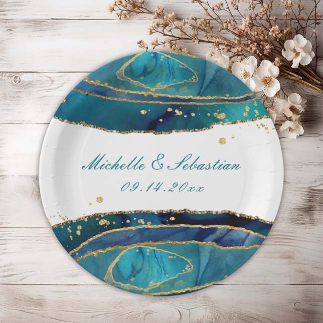 Teal Watercolor Gold Agate Wedding Reception Paper Plate (Teal Watercolor Gold Agate Wedding Reception Paper Plates
)
