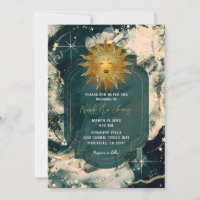 Teal Watercolor Gold Celestial Fiery Sun Wedding