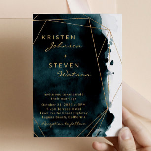 Teal Watercolor Gold Geometric Frame Wedding Invitation
