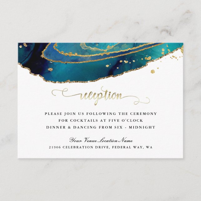 Teal Watercolor Gold Script Agate Reception Enclosure Card (Front)