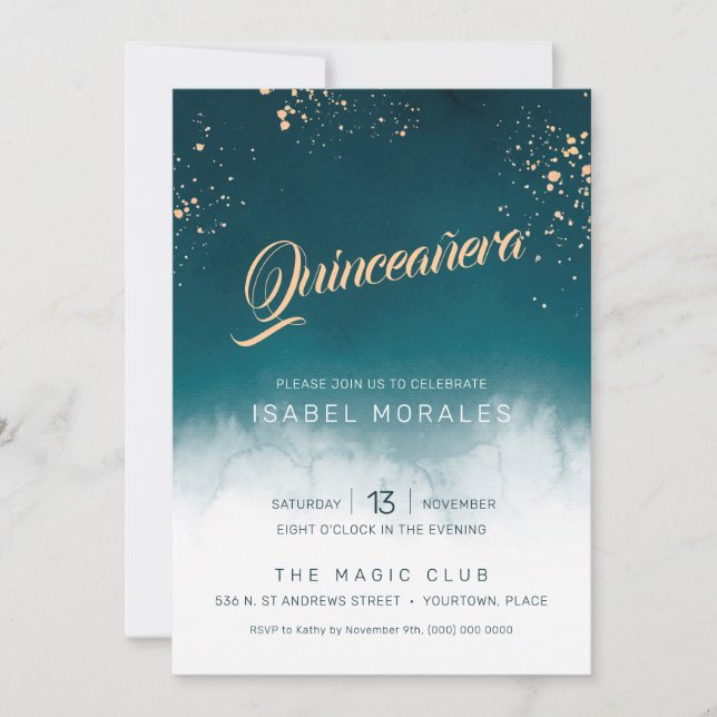 Teal Watercolor Golden Splatter Quinceanera Party Invitation (Front)