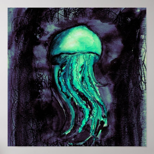Teal Watercolor Jellyfish Poster (Front)