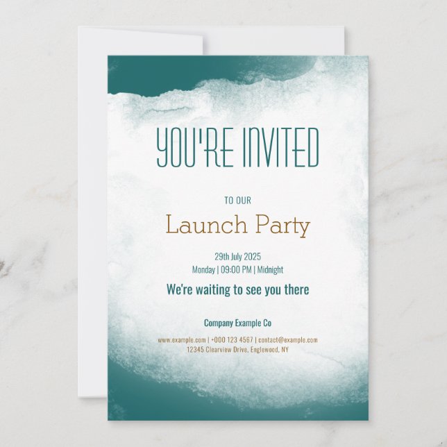 Teal watercolor launch party invitation template (Front)
