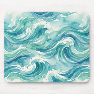 Teal Watercolor Ocean Waves Mouse Mat