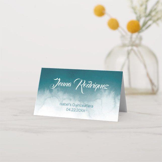 Teal Watercolor Ombre Place Card (Front)