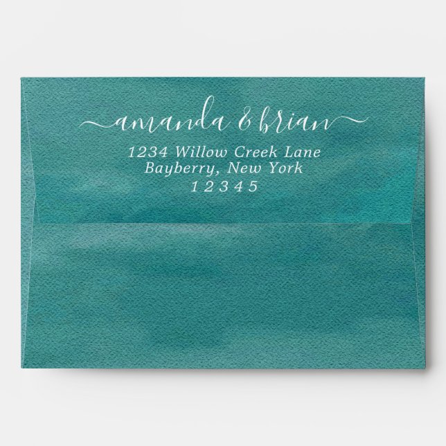 Teal Watercolor Paper Trendy Script Lettering 5x7 Envelope (Back (Top Flap))