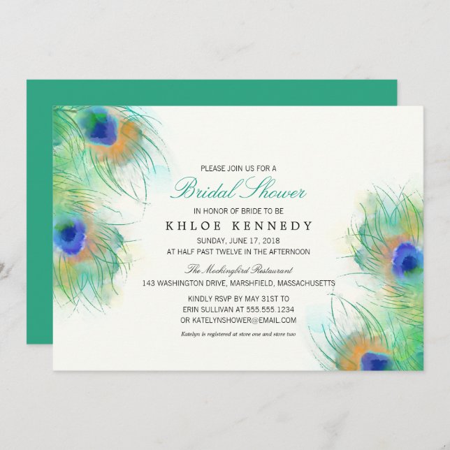 Teal Watercolor Peacock Feathers Bridal Shower Invitation (Front/Back)