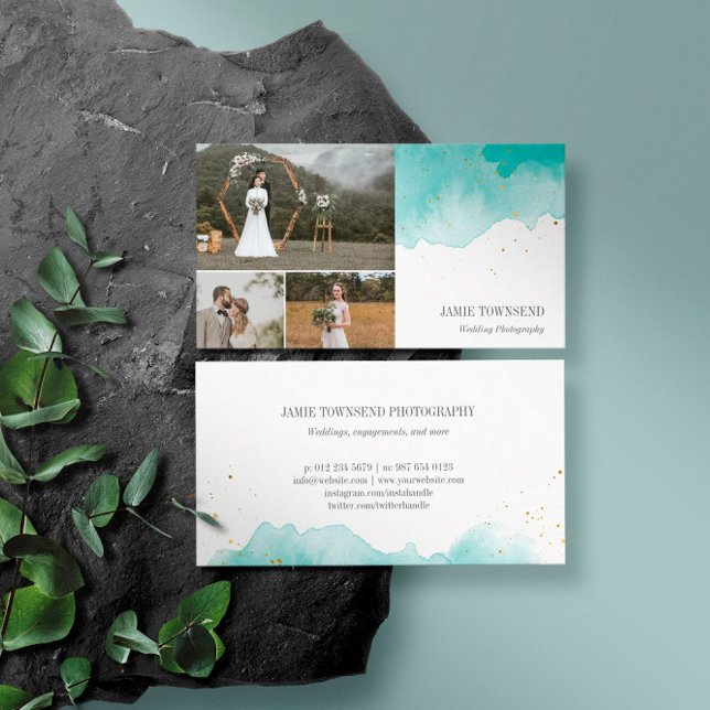 Teal Watercolor Photo Collage Photographer Business Card (Creator Uploaded)