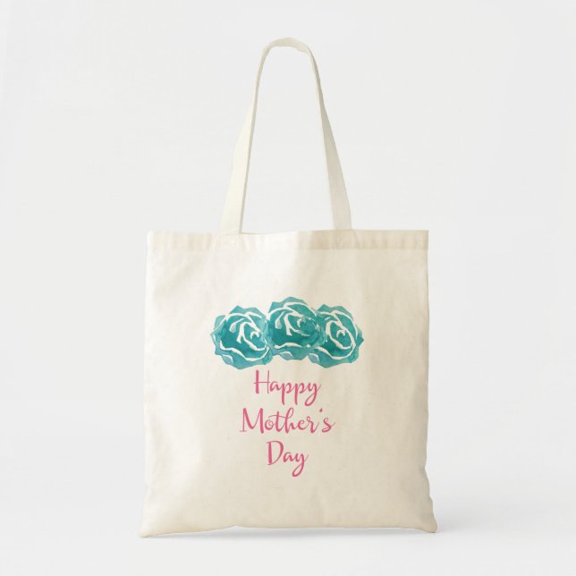 Teal Watercolor Roses Happy Mother's Day Tote Bag (Front)