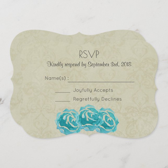 Teal Watercolor Roses on Tan Damask Wedding RSVP Invitation (Front/Back)