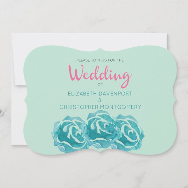 Teal Watercolor Roses Wedding Invitation (Front)