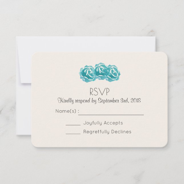 Teal Watercolor Roses Wedding RSVP Invitation (Front)