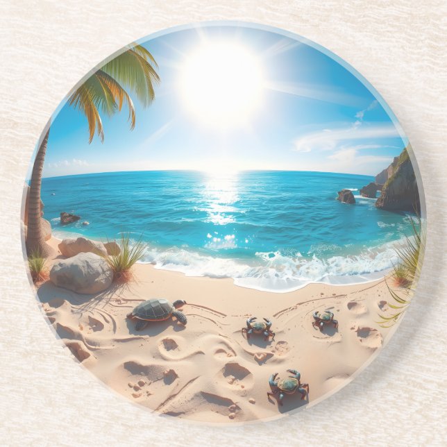 Teal Watercolor Sea Turtle Coastal Zen Coaster (Front)