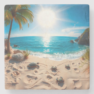 Teal Watercolor Sea Turtle Coastal Zen Stone Coaster