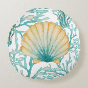 Teal Watercolor SeaShell Round Cushion
