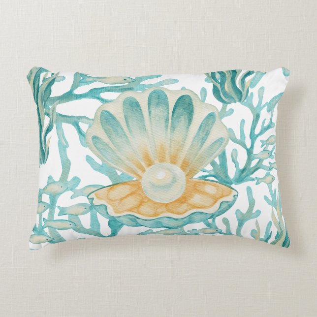 Teal Watercolor Shell Pearl Decorative Cushion (Front)