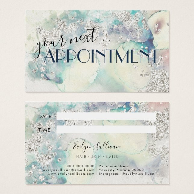 Teal watercolor silver glitter appointment card (Front & Back)