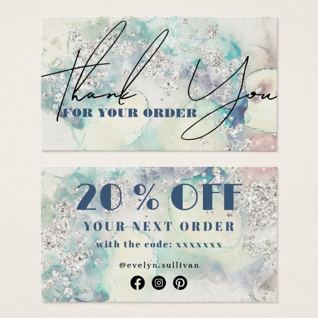 Teal watercolor silver glitter discount card (Front & Back)