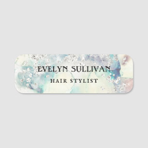 Teal watercolor silver glitter name tag