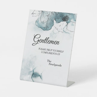 Teal Watercolor Sketch Wedding Gentlemen Bathroom Pedestal Sign
