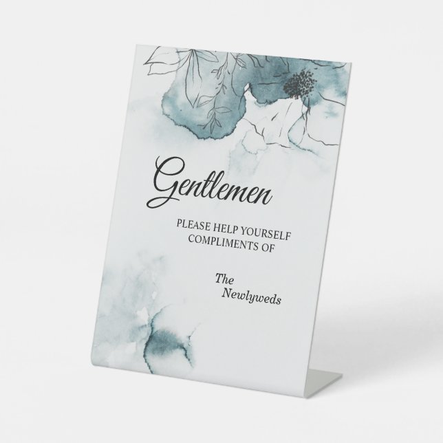 Teal Watercolor Sketch Wedding Gentlemen Bathroom Pedestal Sign (Front)