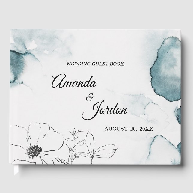 Teal Watercolor Sketch Wedding Guest Book (Front)