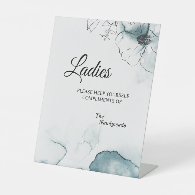 Teal Watercolor Sketch Wedding Ladies Bathroom Pedestal Sign (Front)