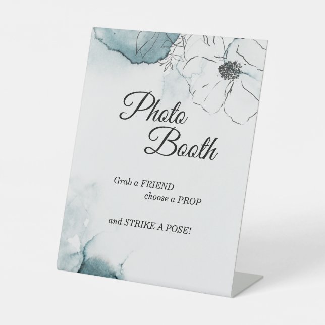 Teal Watercolor Sketch Wedding Photo Booth Pedestal Sign (Front)
