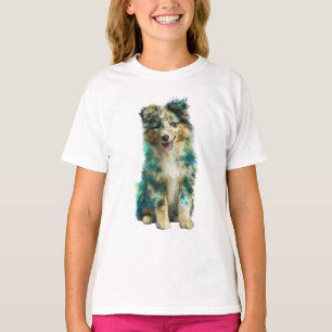 Teal Watercolor Speckled Aussie Shepherd Kids T-Shirt