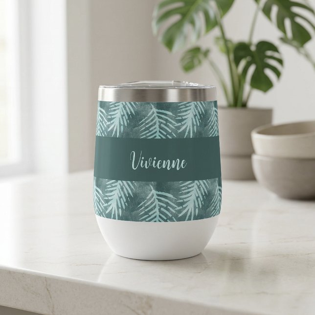 Teal Watercolor Tropical Leaf Monogram Name (Teal Watercolor Tropical Leaf Monogram Name Thermal Wine Tumbler)