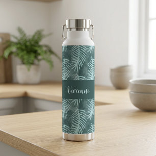 Teal Watercolor Tropical Leaf Monogram Name Water Bottle