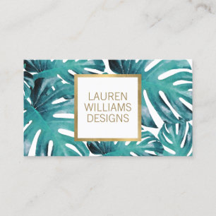 Teal Watercolor Tropical Monstera Pattern Business Card
