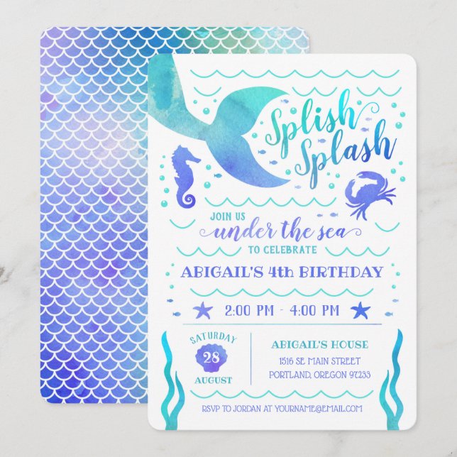 Teal Watercolor Under the Sea Mermaid Birthday Invitation (Front/Back)