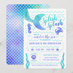 Teal Watercolor Under the Sea Mermaid Birthday Invitation