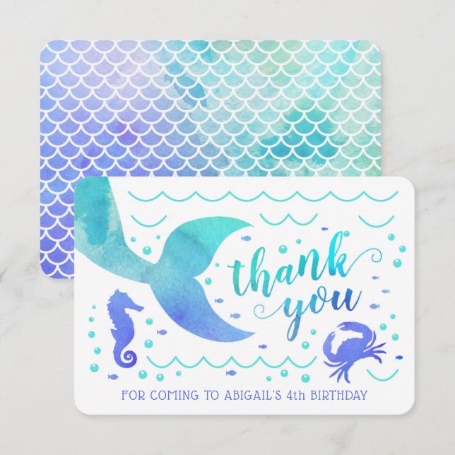 Teal Watercolor Under the Sea Mermaid Thank You Invitation (Front/Back)