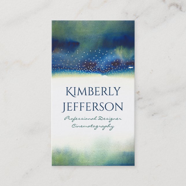 Teal Watercolors and Gold Confetti Dots Modern Business Card (Front)