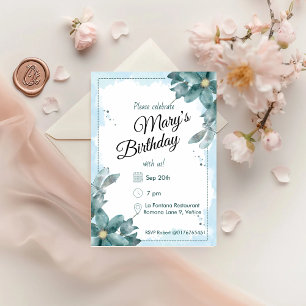 Teal Watercolour Florals Birthday Invitation