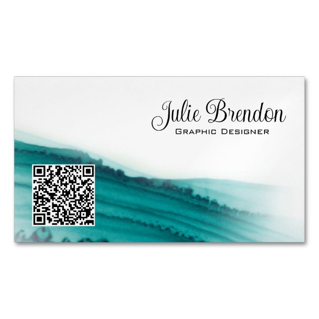 Teal Watercolour Script Custom Modern Magnetic Business Card (Front)