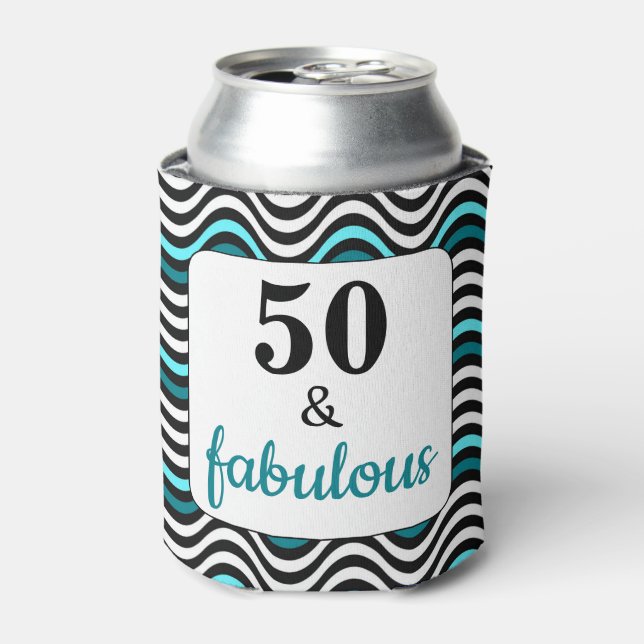 Teal Wave 50 and Fabulous Birthday Beach Party Can Cooler (Can Front)