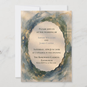 Teal Wave Tartan Gold Scottish Wedding Invitation
