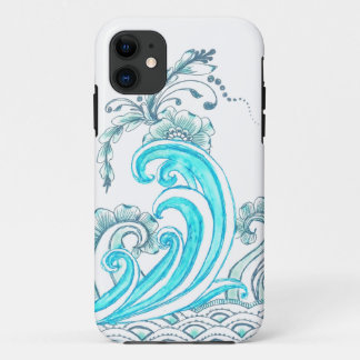 Teal Waves iPhone Case with Flowers