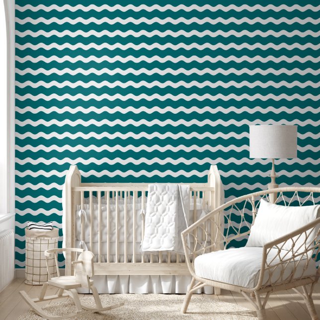 Teal Wavy Ric Rac Striped Pattern Wallpaper (Kids)