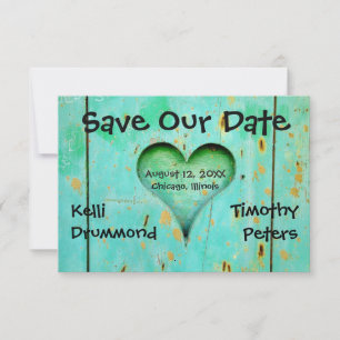 Teal Weathered Wood Heart-3x5Wedding Save the Date