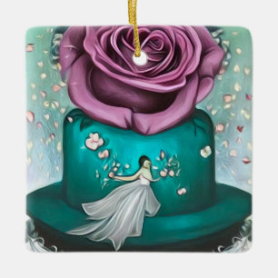 Teal Wedding Cake & Flower Ceramic Ornament