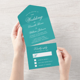 Teal Wedding Elegant Script Calligraphy Blue RSVP All In One Invitation