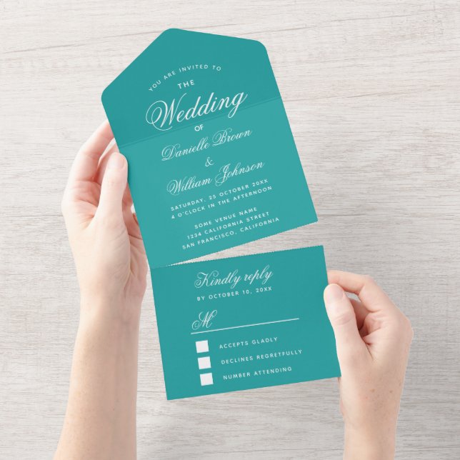 Teal Wedding Elegant Script Calligraphy Blue RSVP All In One Invitation (Tearaway)