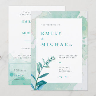 Teal Wedding Invitation Pastel Watercolor Rustic