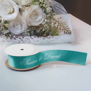 Teal Wedding Ribbon - Simple Elegant Calligraphy Satin Ribbon